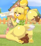  absurd_res animal_crossing anthro big_butt big_penis blonde_hair bottomless brown_hair butt canid canine canis clothed clothing dialogue domestic_dog ejaculation facesitting female female_on_top genitals green_eyes hair header header_box hi_res huge_butt human isabelle_(animal_crossing) male male/female mammal masturbation mistpirit nintendo on_top outside penile penile_masturbation penis text text_header video_games villager_(animal_crossing) yellow_body 