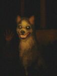  3:4 ambiguous_gender blood bodily_fluids creepy creepypasta fangs feral fur grey_body grey_fur grin hand_print hi_res jcm2_(artist) looking_at_viewer nightmare_fuel quadruped smile smile.dog solo yellow_eyes 