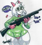  &lt;3 anthro black_eyes bovid bulge caprine clothed clothing deltarune dialogue eyewear fur girly glasses gloves goat gun handwear horn looking_at_viewer male mammal parasitedeath partially_clothed pink_horn ralsei ralsei_with_a_gun ranged_weapon reloading robe shell_(projectile) shotgun shotgun_shell simple_background smile solo speech_bubble thick_thighs undertale_(series) video_games weapon white_body white_fur wide_hips 