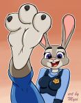  absurd_res anthro badge buckteeth claws clothing disney ears_up eyelashes feet female foot_fetish foot_focus fur grey_body grey_fur hi_res judy_hopps lagomorph leporid long_ears mammal myxi paws pink_nose police police_officer police_uniform purple_eyes rabbit smile soles solo teeth toe_claws toe_curl toes tongue uniform zootopia 