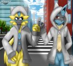  2021 absurd_res ambiguous_gender anthro blue_body blue_eyes city clothing crosswalk dennhaze detailed_background duo fist_bump fur gesture hand_in_pocket hi_res hoodie legendary_pok&eacute;mon lucario nintendo one_eye_closed pockets pok&eacute;mon pok&eacute;mon_(species) red_eyes signature sky topwear video_games yellow_body yellow_fur zeraora 