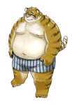  2016 5_fingers 5_toes absurd_res anthro belly blue_clothing blue_underwear boxers_(clothing) clothed clothing eyewear feet felid fingers fur glasses hi_res humanoid_hands kemono kita_9999 male mammal moobs navel nipples overweight overweight_male pantherine pattern_clothing pattern_underwear simple_background solo striped_clothing striped_underwear stripes tiger toes underwear underwear_only white_background yellow_body yellow_fur 