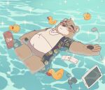  2021 anthro belly brown_body brown_fur clothing eyes_closed eyewear fur game_console glasses hi_res humanoid_hands jamiephut kemono lying male mammal nintendo nintendo_switch overweight overweight_male phone rubber_duck shirt solo topwear ursid video_games water 