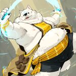  1:1 2016 anthro balls_outline belly black_nose bottomwear bulge canid canine canis clothing domestic_dog fur genital_outline humanoid_hands kemono magic male mammal moobs nipples nordic_sled_dog overweight overweight_male penis_outline samoyed shorts solo spitz totemoii_029 white_body white_fur 