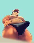  2021 anthro big_bulge big_muscles blue_background bowser bulge claws clothed clothing colored colored_sketch erection erection_under_clothing eyebrows hair hi_res horn koopa looking_at_viewer looking_down looking_down_at_viewer low-angle_view male mario_bros muscular muscular_anthro muscular_male navel nintendo nipples pecs rakomadon scalie simple_background sketch smile solo teeth tenting thick_thighs thong underwear video_games 