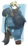  2016 alpha_channel anthro belly biped bottomwear brown_body brown_fur canid canine clothing fur hi_res humanoid_hands izvy_(artist) male mammal overweight overweight_male pants raccoon_dog shirt simple_background solo tanuki topwear transparent_background 