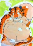  2016 anthro armpit_hair balls belly black_nose body_hair eyes_closed felid fur genitals hi_res kemono male mammal moobs morbidly_obese nipples obese obese_male orange_body orange_fur overweight overweight_male pantherine penis simple_background solo suishou0602 tiger 
