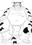  2016 anthro araiguma_11 belly blush bulge clothing eyes_closed felid humanoid_hands kemono male mammal monochrome morbidly_obese obese obese_male overweight overweight_male pantherine shirt sitting solo tiger topwear underwear 