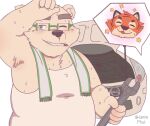  2021 anthro blush bodily_fluids car duo eyewear felid glasses humanoid_hands jamiephut kemono leib_(tas) lifewonders male mammal overweight overweight_male pantherine polar_bear smoking solo_focus sweat tiger tokyo_afterschool_summoners towel towel_around_neck ursid ursine vehicle video_games 