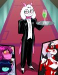  absurd_res alternate_costume ambiguous_gender anthro beverage black_tie_(suit) blush bovid bow_tie butler caprine carpet clothing crovirus deltarune eyes_closed eyeshadow eyewear female footwear gesture glass glasses goat group happy hi_res horn human just_right kris_(deltarune) lancer_(deltarune) makeup male mammal meme monster obscured_eyes ok_sign pink_eyes pink_eyeshadow platter praying ralsei reptile scalie shocked shocked_expression shoes smile spats suit susie_(deltarune) swatchling thumbs_up undertale_(series) video_games 