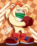  2020 321pietime anthro bandanna bark_the_polar_bear black_nose blonde_hair boxing_gloves clothing eyebrows gloves hair half-closed_eyes handwear hi_res kerchief male mammal narrowed_eyes polar_bear ponytail raised_eyebrow sega signature solo sonic_the_fighters sonic_the_hedgehog_(series) standing tan_body ursid ursine yellow_body 