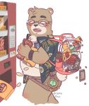  2021 anthro backpack belly bodily_fluids bottomwear brown_body brown_fur candy chips_(food) chocolate clothing dessert eyewear food fur glasses hi_res humanoid_hands jamiephut kemono male mammal overweight overweight_male shirt shorts solo tears topwear ursid vending_machine 