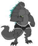  absurd_res anthro beverage_can black_clothing black_underwear bulge claws clothed clothing darknaigart godzilla godzilla_(series) grey_body hi_res kaiju male monster_energy muscular muscular_anthro muscular_male pecs reptile scalie simple_background solo toho topless underwear underwear_only white_background 