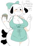  :3 accessory anthro apron apron_only black_body black_ears black_fur black_nose black_tail blush blush_stickers breasts canid canine canis circle_eyebrows cleavage clothed clothing curvy_figure dialogue digital_media_(artwork) domestic_dog dot_eyes dot_nose eating english_text eyebrows female food footprint fur hair hair_accessory hair_bow hair_ribbon hi_res mammal mostly_nude muffin one_eye_closed pawprint puppychan puppychan48 ribbons slightly_chubby solo tail_motion tailwag text thick_thighs voluptuous white_body white_fur wide_hips wink 