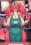  2021 5_fingers ahoge anthro apron apron_only areola big_breasts blurred_background blush bodily_fluids breasts cafe canid canine canis claws clothing coffee_cup container cup curvy_figure digital_media_(artwork) domestic_dog ear_piercing female finger_claws fingers flying_sweatdrops fur green_apron hair hair_over_eyes hi_res holding_object huge_breasts i_mean_breast_milk kemono mammal meme mostly_nude multicolored_body multicolored_fur nipple_slip nipples pen piercing portrait red_body red_fur red_hair shaded signature solo sususuigi sweat sweatdrop tan_body tan_fur thick_thighs three-quarter_portrait twintails_(hairstyle) two_tone_body two_tone_fur voluptuous 