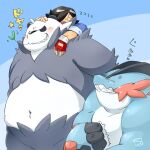  1:1 angry anthro belly black_body black_nose blue_body blush carrying group human humanoid_hands japanese_text kemono mammal mega_evolution mega_swampert navel nintendo overweight pangoro pok&eacute;mon pok&eacute;mon_(species) simple_background text totemoii_029 video_games white_body 