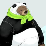  1:1 2015 anthro belly biped brown_body brown_fur brown_nose clothing fur giant_panda hoodie humanoid_hands kemono mammal overweight scarf simple_background solo topwear totemoii_029 ursid 