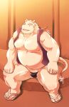  2018 anthro belly bulge clothing dragon footwear hi_res higemorigen humanoid_hands kemono male moobs nipples overweight overweight_male sandals sitting solo underwear 
