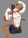  absurd_res anthro aronhilistix bulge clothed clothing digital_media_(artwork) epic_games felid fortnite fur hi_res looking_at_viewer male mammal meowscles_(fortnite) simple_background smile solo standing video_games 