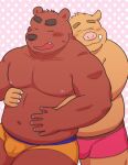  2017 anthro belly blush brown_body bulge clothing duo embrace hug hugging_from_behind humanoid_hands kemono kick_(artist) male male/male mammal moobs navel nipples overweight overweight_male suid suina sus_(pig) underwear ursid wild_boar 