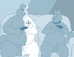  2021 anthro belly blue_and_white bravo canid canine canis collar controller duo eyewear furniture game_controller gaming glasses humanoid_hands male male/male mammal monochrome moobs overweight overweight_male playing_videogame sitting sofa wolf 