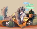  2021 anthro blue_eyes blush boop boyfriends canid canine canis clothed clothing digital_media_(artwork) domestic_dog duo german_shepherd hair hair_dye herding_dog hi_res holding_partner love lying male male/male mammal marjani nipples nose_boop on_back open_mouth pastoral_dog pillow romantic romantic_couple smile speech_bubble tail_motion tailwag tattoo teeth tongue underwear underwear_only wolf 