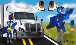  absurd_res animal_humanoid anthro avian avian_humanoid balls beak bird bird_legs blue_body blue_feathers clothed clothing conditional_dnp erection feathers genitals hi_res humanoid male model_sheet parrot penis road safety_vest scenery slates1n smile solo talons topwear truck_(vehicle) trucker vehicle vest winged_arms wings 