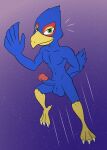  anthro avian balls bird blue_body blue_feathers darkajugin erection falco_lombardi feathers genitals gesture green_eyes hi_res jumping male markings nintendo nude penis red_markings solo space star_fox talons video_games waving 