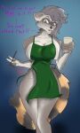  3:5 absurd_res angry anthro apron apron_only bearglyph big_breasts bottomless breasts cae_lawrence cleavage clothed clothing container crosslink cup curvy_figure dialogue digital_media_(artwork) female fur glare green_apron grey_body grey_fur hair hi_res holding_cup holding_object holding_pen hourglass_figure i_mean_breast_milk mammal markings meme mostly_nude pen pink_eyes procyonid raccoon shaded side_boob small_waist solo starbucks striped_markings striped_tail stripes tail_markings text thick_thighs wide_hips 