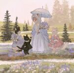  black_body black_fur bonnet bouquet clothing cravat domestic_cat dress english_text felid feline felis female feral field flower fur group hand_holding headgear headwear hi_res male mammal orange_body orange_fur outside parasol plant rt0no standing text tree white_body white_fur 