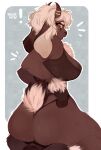  anthro big_butt bovid breasts brown_body brown_fur butt caprine clothing digital_media_(artwork) eyelashes female fur hair hi_res horn looking_at_viewer looking_back looking_back_at_viewer mammal mellonbun nipple_slip panties pattern_background rear_view shaded sheep simple_background solo thong topwear underwear 