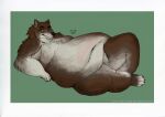  anthro arm_support belly border brown_body brown_fur canid canine canis claws fur green_background hi_res lounging male mammal moobs navel nude obese obese_anthro obese_male overweight overweight_anthro overweight_male simple_background solo text theweightisover thick_thighs toe_claws url white_body white_fur wolf 