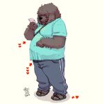  &lt;3 1:1 2016 anthro belly black_body black_fur bottomwear canid canine canis cellphone clothing domestic_dog fur humanoid_hands kemono male mammal overweight overweight_male pants phone shirt simple_background smartphone solo topwear totemoii_029 white_background 