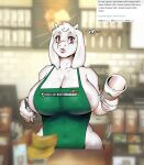  anthro apron apron_only areola areola_slip big_breasts boss_monster bovid breasts caprine cleavage clothed clothing coffee_shop container cup digital_media_(artwork) english_text female fur green_apron holding_cup holding_glass holding_object holding_pen horn i_mean_breast_milk looking_at_viewer mammal meme mostly_nude pantheradraws pen pencil_(object) public public_exposure shaded side_boob solo starbucks text toriel undertale undertale_(series) url video_games white_body white_fur 