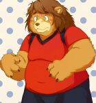  2014 anthro belly blush bottomwear brown_body brown_fur clothing fur hi_res humanoid_hands kemono male mammal overweight overweight_male pants shirt shiyogeen_tf solo topwear ursid yellow_eyes 