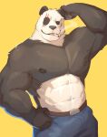  2021 abs anthro beastars belt big_muscles black_sclera bottomwear cigarette cilok clothed clothing denim denim_clothing fur giant_panda gouhin hi_res jeans looking_at_viewer male mammal muscular muscular_anthro muscular_male nipples pants pecs scar simple_background smile smoking solo standing topless topless_male tuft ursid yellow_background 