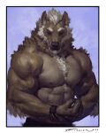  2021 abs anthro beard blue_background border bracelet brown_body brown_fur canid canine claws facial_hair finger_claws fur hair hi_res jewelry male mammal muscular muscular_anthro muscular_male neck_tuft nipples pecs simple_background solo taran_fiddler tuft were werecanid werecanine werewolf white_body white_border white_fur white_hair 