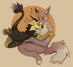  canid canine dragon duo embrace fennec fox fur green_body green_scales grey_body grey_fur hi_res horn hug love male male/male mammal moth_sprout paiku radruler reptile scales scalie sitting wings 