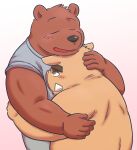  2016 anthro black_nose blush brown_body brown_fur clothing duo embrace eyes_closed fur hi_res hug humanoid_hands kemono kick_(artist) male mammal overweight overweight_male shirt simple_background suid suina sus_(pig) topwear ursid wild_boar 