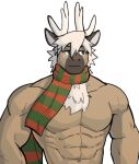  2021 abs anthro antlers big_muscles blush capreoline cervid christmas hair holidays horn jrjresq male mammal muscular muscular_anthro muscular_male narrowed_eyes navel nude obliques pecs reindeer scarf simple_background smile solo white_background 