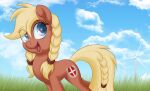  2017 blonde_hair blue_eyes braided_hair cloud cutie_mark danish_flag day equid equine female feral grass hair horse littlehybridshila looking_up mammal my_little_pony outside plant pony smile solo valkyria_(littlehybridshila) windmill 