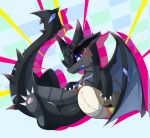  2020 absurd_res ambiguous_gender bag black_body blue_eyes blue_sclera blush cute_expression dragon faf_(world_flipper) hi_res horn kemono kushinago scales smile solo spiked_tail spikes spikes_(anatomy) stripes tongue tongue_out wings world_flipper 