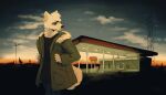  2021 anthro biped bottomwear canid canine clothed clothing ear_piercing fur gas_station hi_res jacket male mammal outside petghost piercing sky solo star starry_sky topwear white_body white_fur 