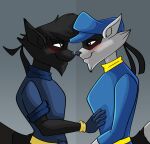  anthro blush brown_eyes clothing daniel_cooper_(blair93) duo eye_contact face_to_face fur grey_body grey_fur hi_res looking_at_another male male/male mammal procyonid raccoon sly_cooper sly_cooper_(series) smile sony_corporation sony_interactive_entertainment sucker_punch_productions video_games 