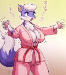  2021 5_fingers anthro areola areola_slip big_breasts blush breasts chest_tuft cleavage clothed clothing cute_fangs dipstick_tail eyelashes female fingers fluffy fur gloves_(marking) hair hi_res japanese_text kemono mammal markings melonleaf mink multicolored_body multicolored_fur multicolored_tail mustelid musteline open_mouth pawpads portrait prune_(melonleaf) purple_body purple_eyes purple_fur signature solo tail_markings text three-quarter_portrait tongue translated translated_description true_musteline tuft two_tone_body two_tone_fur white_body white_fur white_hair 