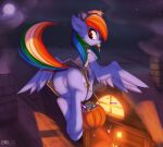  2018 absurd_res anus blue_body blue_feathers blue_wings butt candy clothing dessert digital_media_(artwork) equid equine feathered_wings feathers female feral food friendship_is_magic genitals halloween hasbro hi_res holidays mammal my_little_pony omiart pegasus presenting presenting_hindquarters pussy rainbow_dash_(mlp) solo wings 