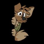  1:1 anthro black_background brown_body brown_fur canid canine canis clothing domestic_dog fluffy fluffy_tail fur green_clothing green_shirt green_topwear hiding male mammal matt_riskely shirt simple_background solo t-shirt tinydeerguy topwear 