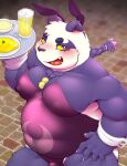  2021 alp_(tas) anthro belly blush bulge bunny_costume clothed clothing costume crossdressing cute_fangs fur giant_panda hi_res humanoid_hands kemono lifewonders male mammal nameko_no_neko overweight overweight_male purple_body purple_fur solo tokyo_afterschool_summoners ursid video_games white_body white_fur 