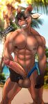  abs anthro balls beach biceps big_balls big_penis bodily_fluids brown_hair castbound clothed clothing demon detailed_background dripping erection genital_fluids genitals hair hi_res horn huge_penis leaking_precum looking_at_viewer male muscular muscular_anthro muscular_male muscular_thighs partially_clothed penis precum precum_drip relius retracted_foreskin seaside standing underwear underwear_down underwear_only vein veiny_penis 