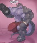  2021 abs absurd_res anthro barazoku biceps big_bulge big_muscles big_nipples bodily_fluids bottomwear bulge clothing crocobu dialogue dinosaur dumbbell english_text exercise footwear hi_res huge_bulge huge_muscles hyper hyper_bulge hyper_muscles inside looking_at_viewer male muscular muscular_anthro muscular_male nipple_piercing nipples pecs piercing pink_background pubes reptile sandals scalie shorts simple_background solo standing sweat talking_to_viewer text theropod thick_thighs torn_bottomwear torn_clothing torn_shorts tyrannosaurid tyrannosaurus tyrannosaurus_rex url vein weightlifting weights workout wristband 